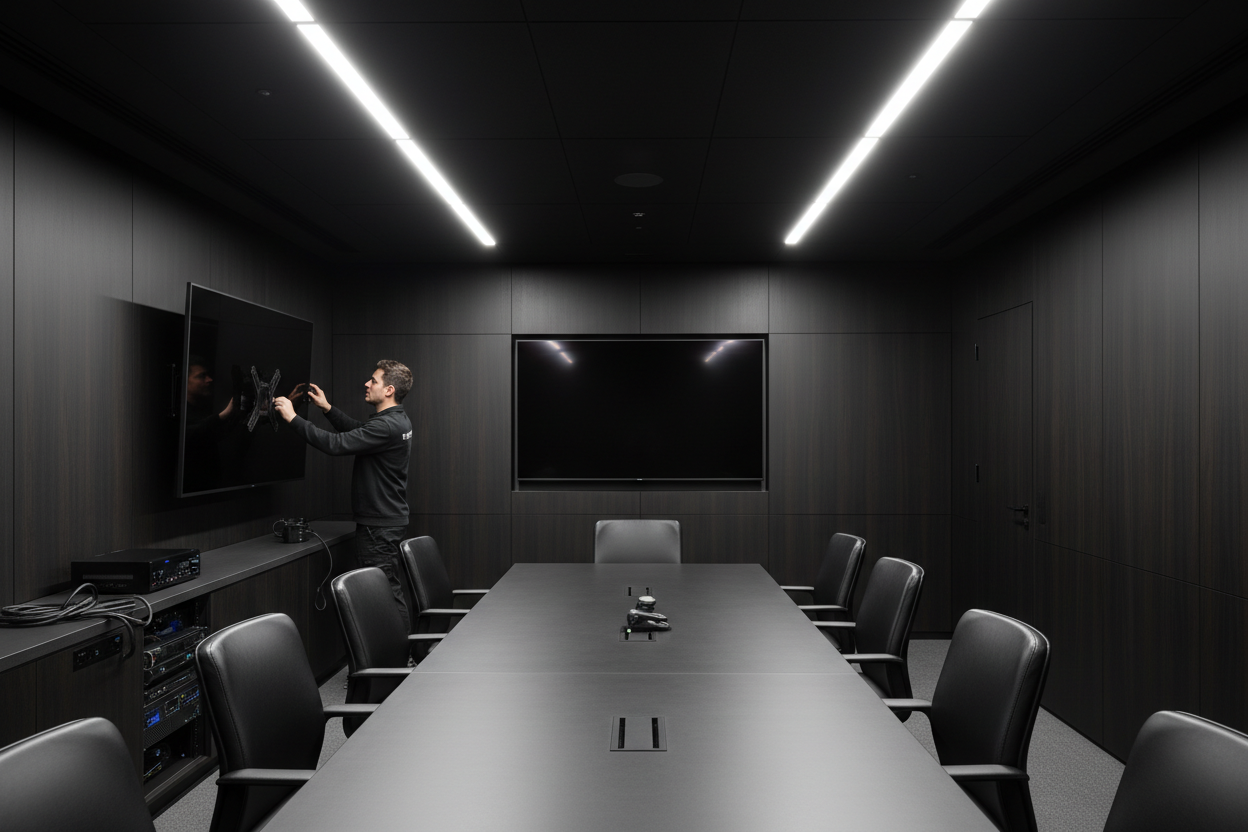 Professionell AV-installation i modernt konferensrum